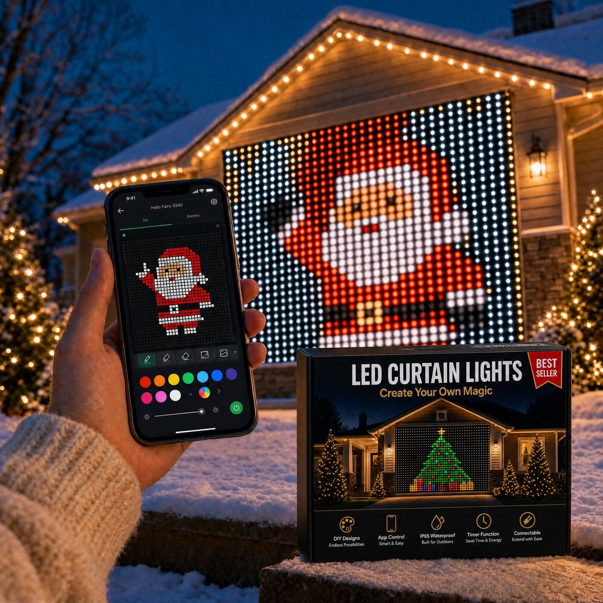 LED curtain showing a pixel image on a house front, controlled from the phone app