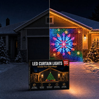 The same house before and after the LED curtain is up