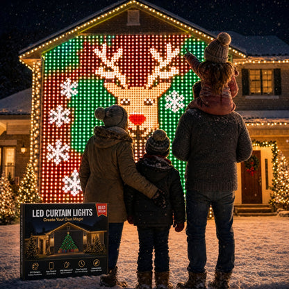 Family outside their lit house at night