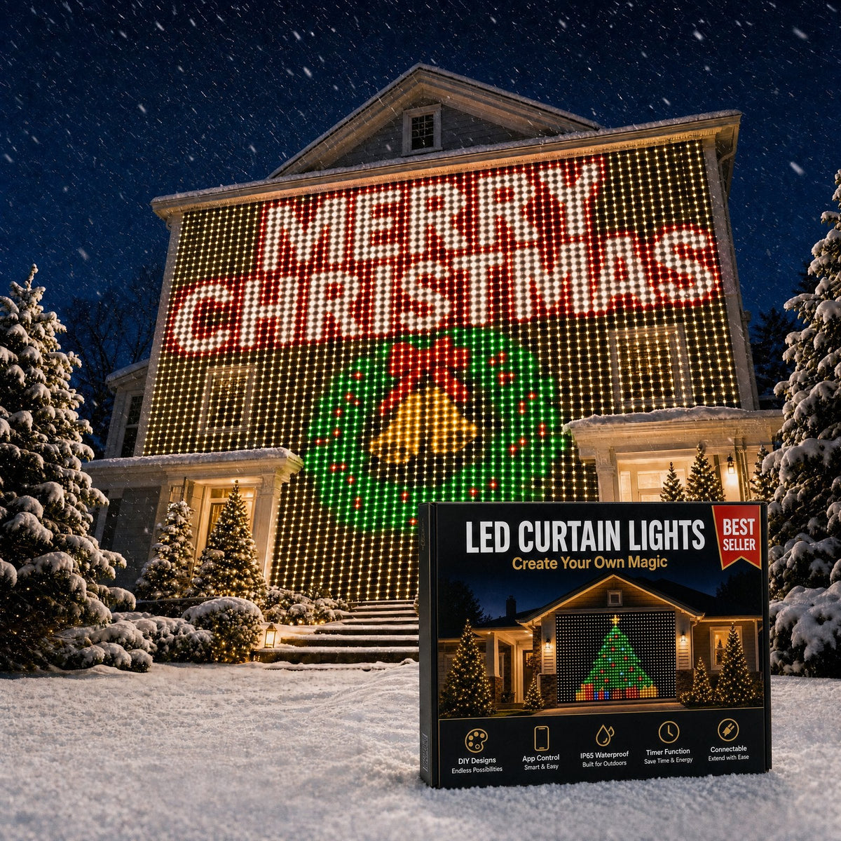 LED curtain spelling a festive greeting across a house front